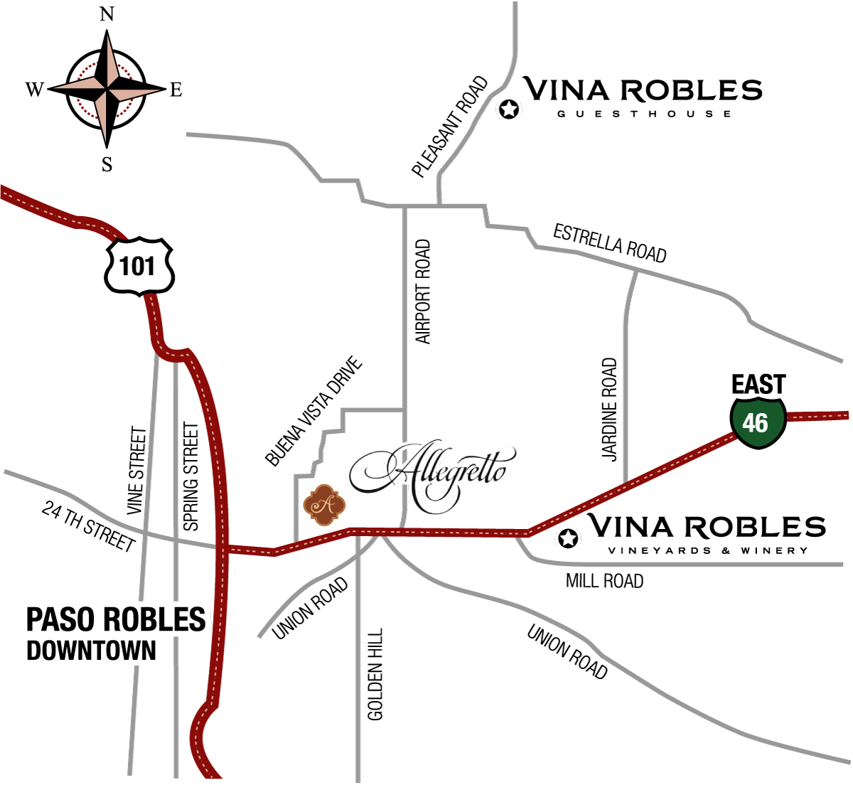 map of Paso Robles featuring Vina Robles and Allegretto Resort